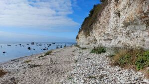 Südküste von Bornholm mit Übergang von Arnagergrünsand (unten) zu Arnagerkalkstein (oben)